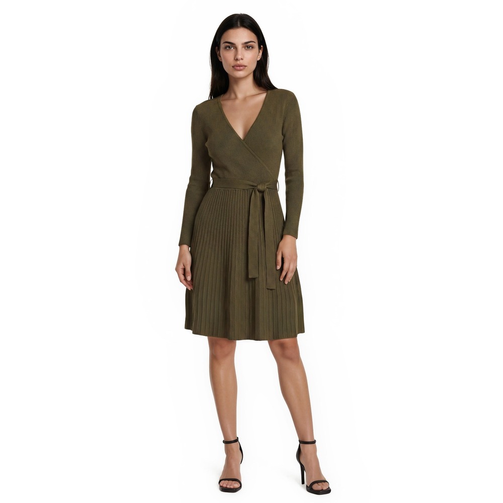 Lauren Ralph Lauren Wrap Dress Women's Size Large Olive Green Ribbed Knit
